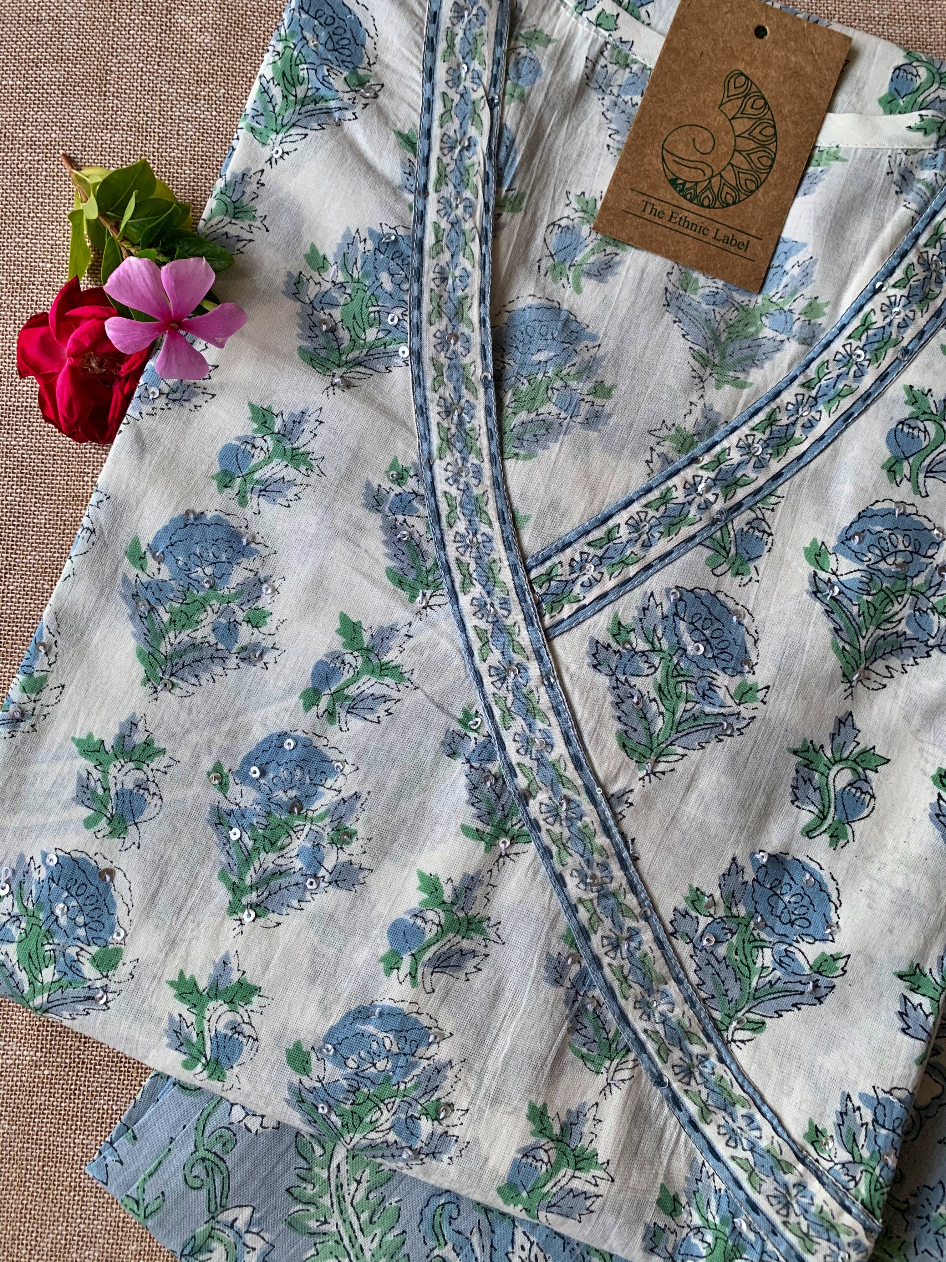 White Blue "Aasman" Angrakha Cotton Kurta Set - 2 pc