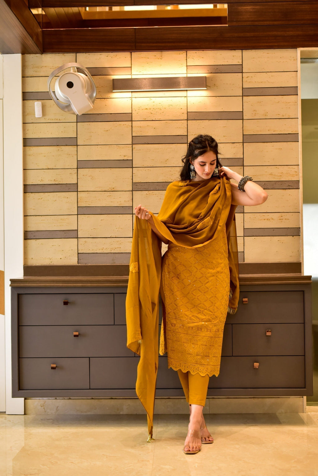 mustard chikankari kurta set