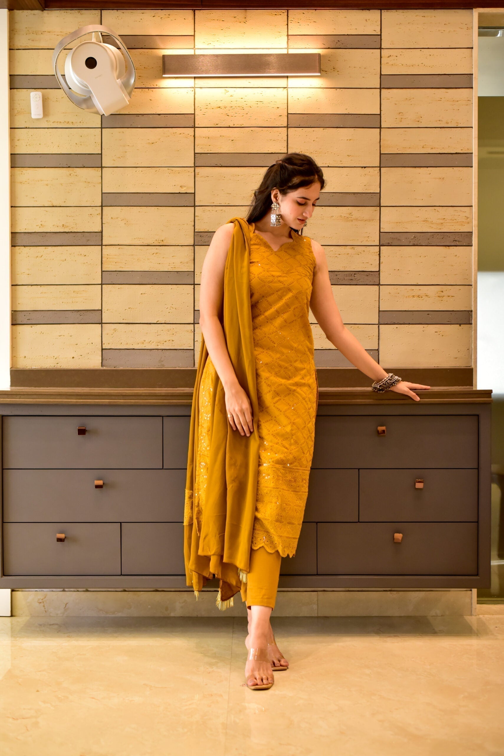 mustard chikankari kurta set