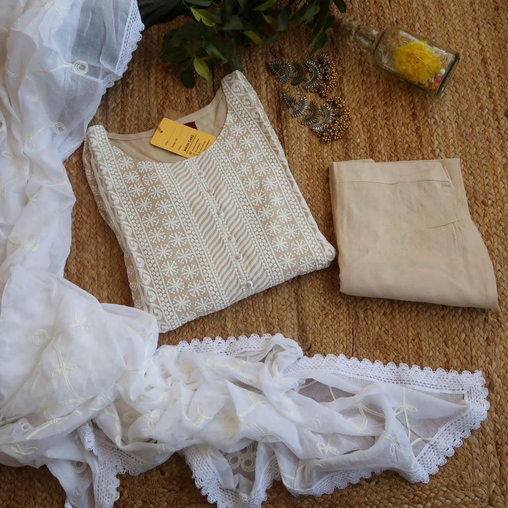 Kesariyavanity Beige White Embroidered Festive Ready Suit Set - DEAL