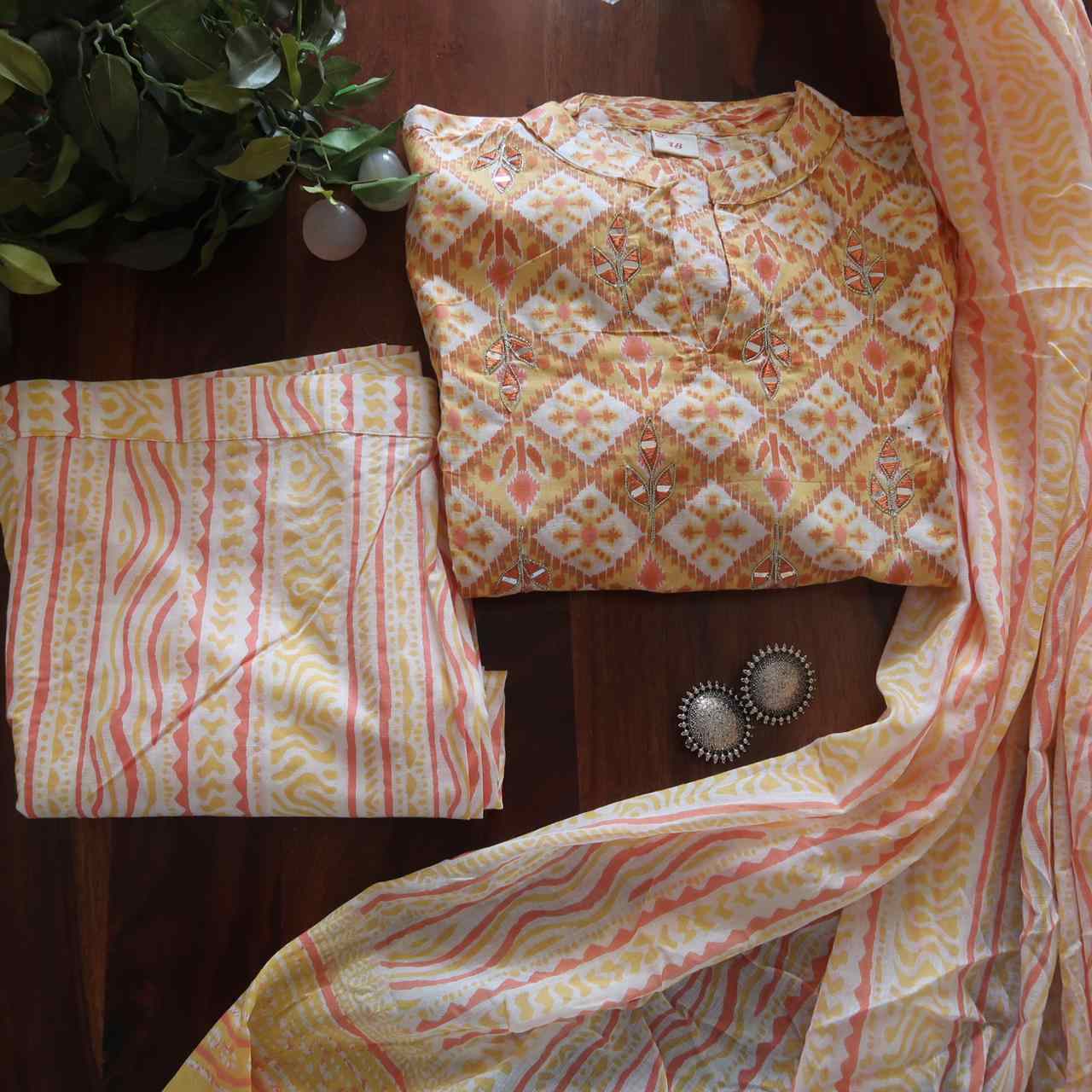 Yellow Ikkat Mirror Work Breathable Relaxing Fit Cotton Suit (3 piece)